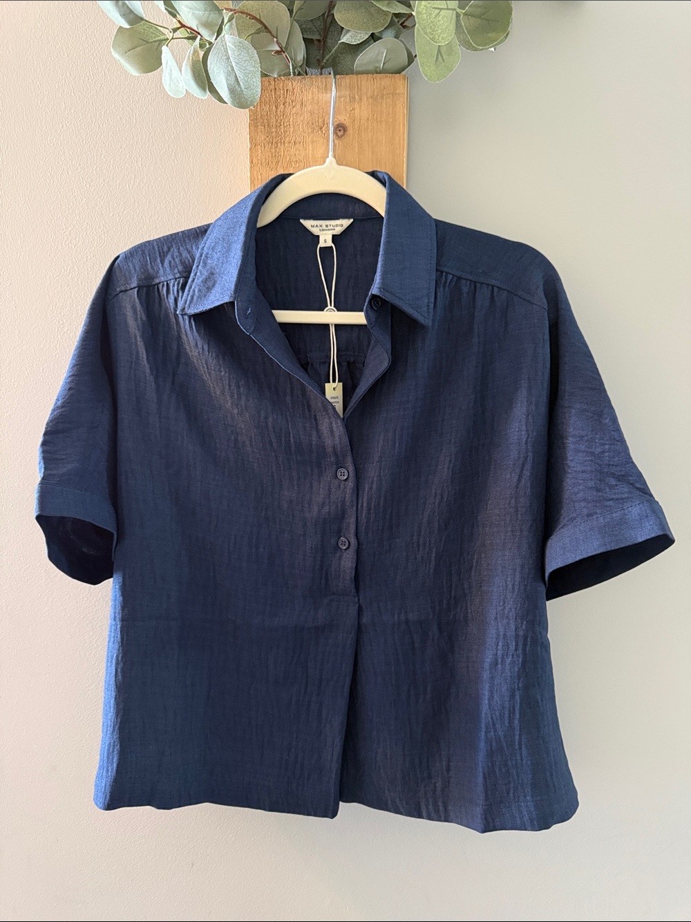 Max Studio Navy Short-Sleeve 3/4 Button-Front Shirt, S, NWTs